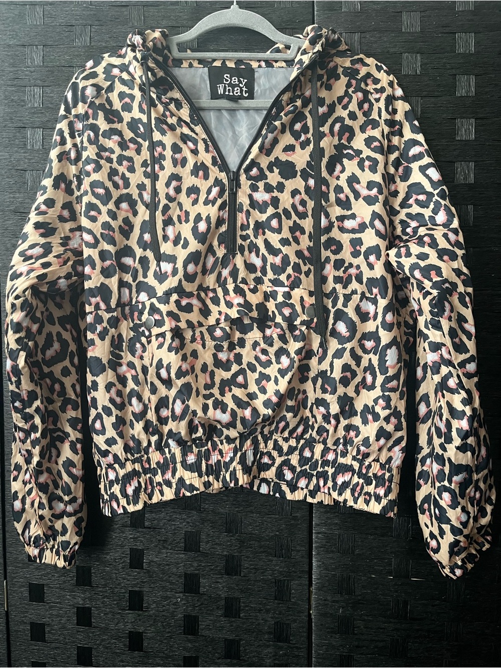 Say What? Women’s Leopard Print Half-Zip Hooded Windbreaker Anorak Size Large